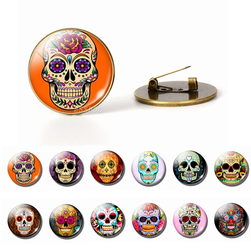 

Nightmare Before Christmas Sugar Skull Day of The Dead Brooches Glass Cabochon Jewelry Bronze Brooch Pins Happy Halloween Gift