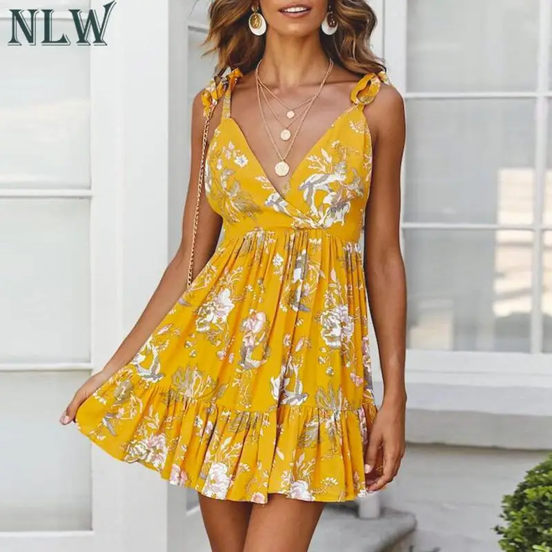 

NLW Lace Up Shoulder Summer 2019 Women Dress Floral Bohemian Beach Dress Sexy Mini Backless Dresses Vestidos