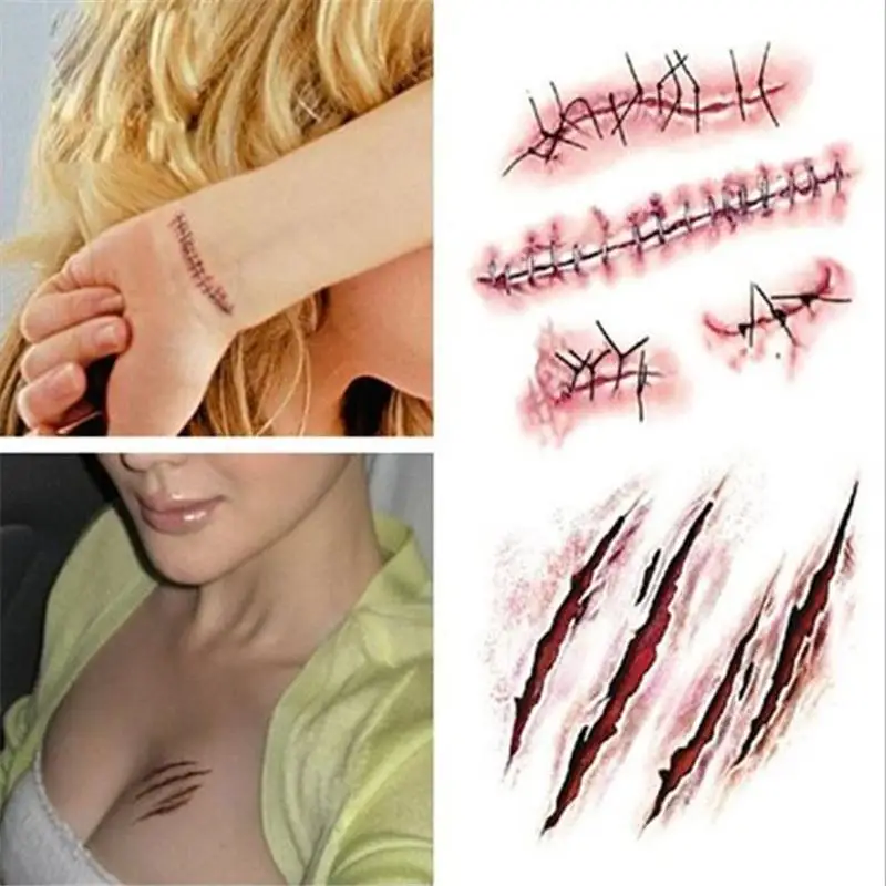 

RCtown Horror Realistic Fake Bloody Wound Stitch Scar Scab Waterproof Temporary Sticker Body Prank Makeup Props