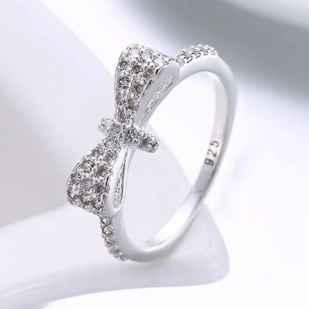 

New Design 925 Silver Stamped Jewelry Crystal Bowknot Rings For Women R1007