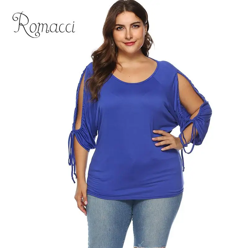 

New Women Plus Size T Shirts Autumn Cold Shoulder T-shirt for Women Drawstring 3/4 Sleeves O Neck Solid Tees Shirts Casual Tops