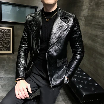 

2019 autumn and winter diagonal zipper leather men's social leather suit trend personality handsome jacket tide male