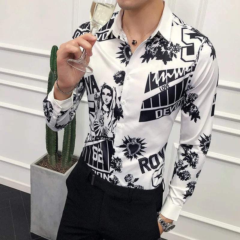 

Brand Autumn Men Shirt Mary Print Long Sleeve Shirts Korean Party Club Chemise Homme Camisa Masculina Plus Size 4xl