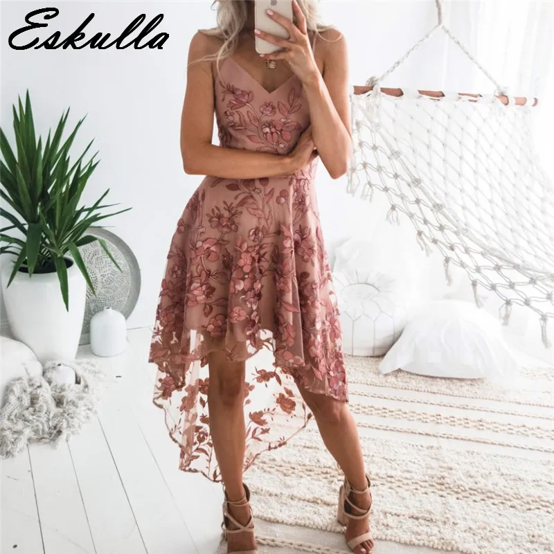 

Eskulla irregular stitching Women 2019 V-neck lace dress summer Midi long sexy party beach gauze women's Night dress Vestidos