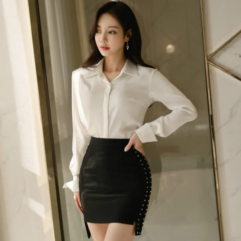 

2019 Spring Two Piece Office Set White Brief OL Blouse Shirt Mini Bodycon Black Skirt Work Suit Dress