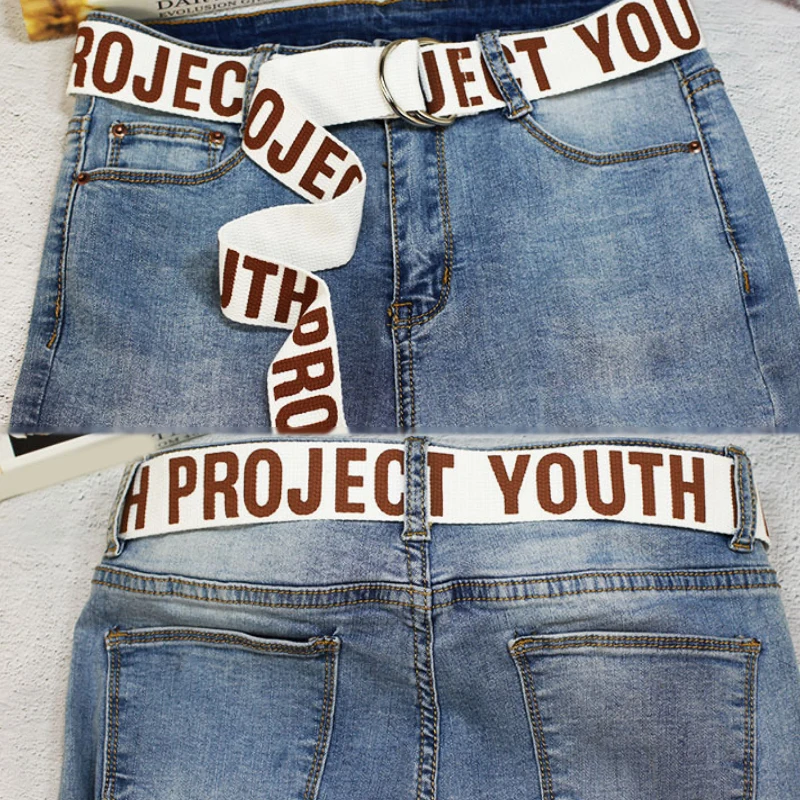 

Fashion 3*130cm Women Canvas Letter Print Belts Simple Style Cotton Blend Waistband Double Buckle Belt