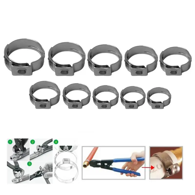 

10Pcs Single Ear Stainless Steel Hydraulic Hose Clamps Fuel Air Water Pipe Hose O Clips Train Boat Ship Auto Car Accessories