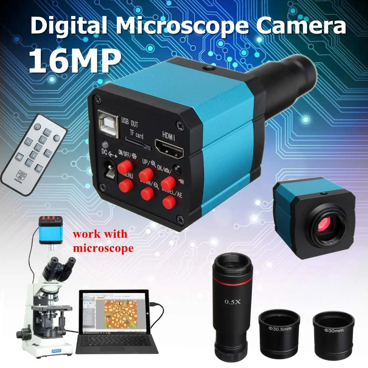 

16MP HDMI 1080P HD USB Digital Industry Microscope Camera TF Card Video Recorderr+C mount Eyepiece Lens + adapte