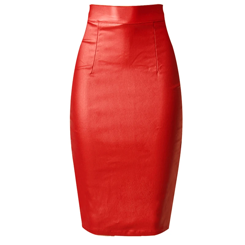 Red Leather Coated Jeans Skirt Sexy Women Party High waist Pencil Skirt