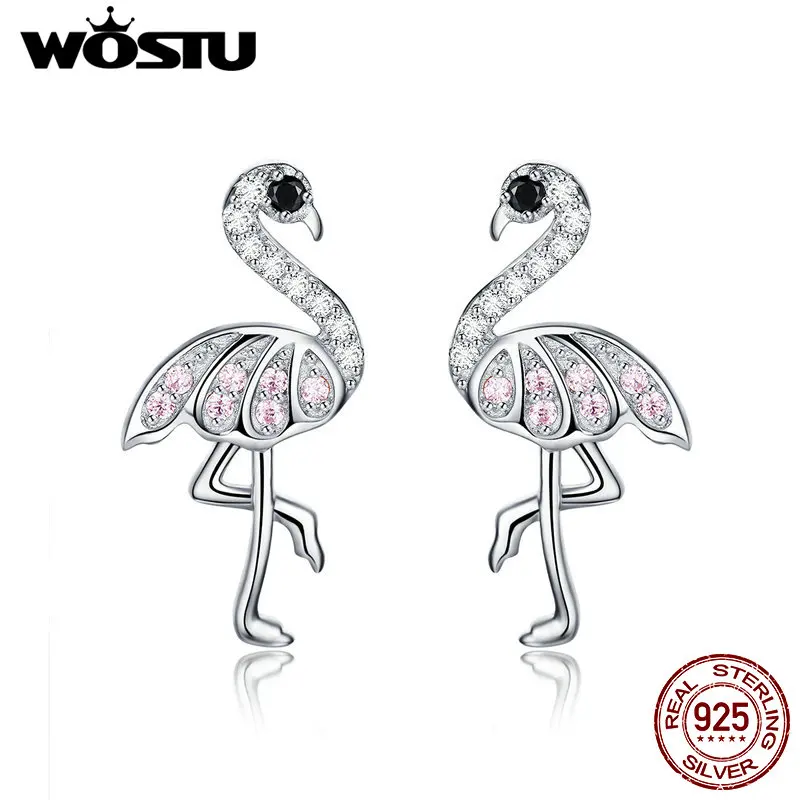 WOSTU, новинка, 925 пробы, серебряные, розовые, фламинго, серьги-гвоздики, кубический цирконий, серьги для женщин, роскошные брендовые ювелирные изделия CQE563