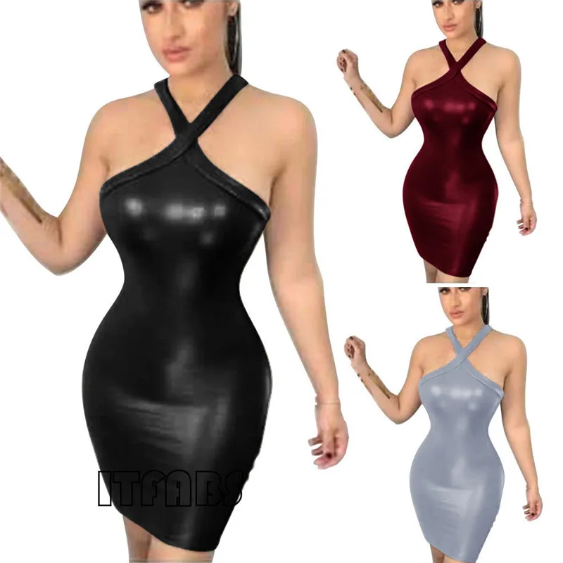 

Fashion Lady Sexy Women PU Leather Wet Look Halter neck Sleeveless Casual Slim Solid Bodycon Clubwear Mini Dress Summer Clothes