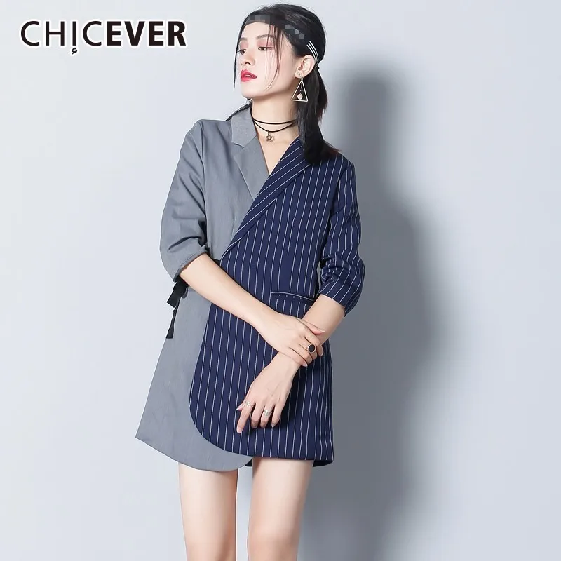 

CHICEVER 2019 Women's Blazer Female Coats Patchwork Striped Half Sleeve Slim Lace Up Long Woman Coat Clothes Fashion Korean New