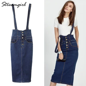 Streamgirl Long Denim Skirt With Straps Women Button Jeans Skirts Plus Size Long High Waist Pencil Skirt Denim Skirts Women's
