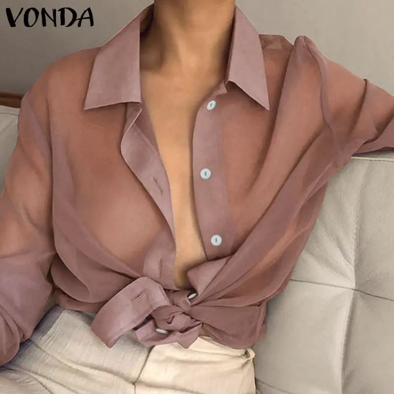

VONDA 2019 Spring Summer Sexy Shirt Women Lapel Neck Long Sleeve Blouse Transparent See Through Top Beach Wear S-5XL