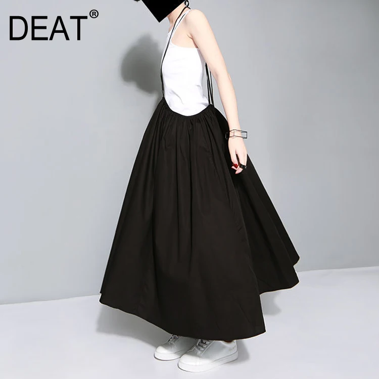

DEAT 2019 Summer Women Black Long Maxi Skirt Elastic Waist Pleated Convertible Girls Loose Casual Suspender WD81301