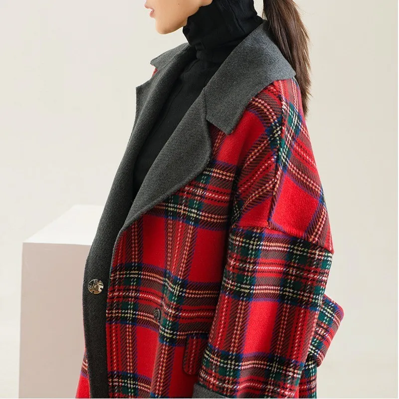 [EAM] 2019 New Autumn Winter Lapel Long Sleeve Red Plaid Stitching Thicken Large Size Woolen Coat Women Parkas Fashion LD0180