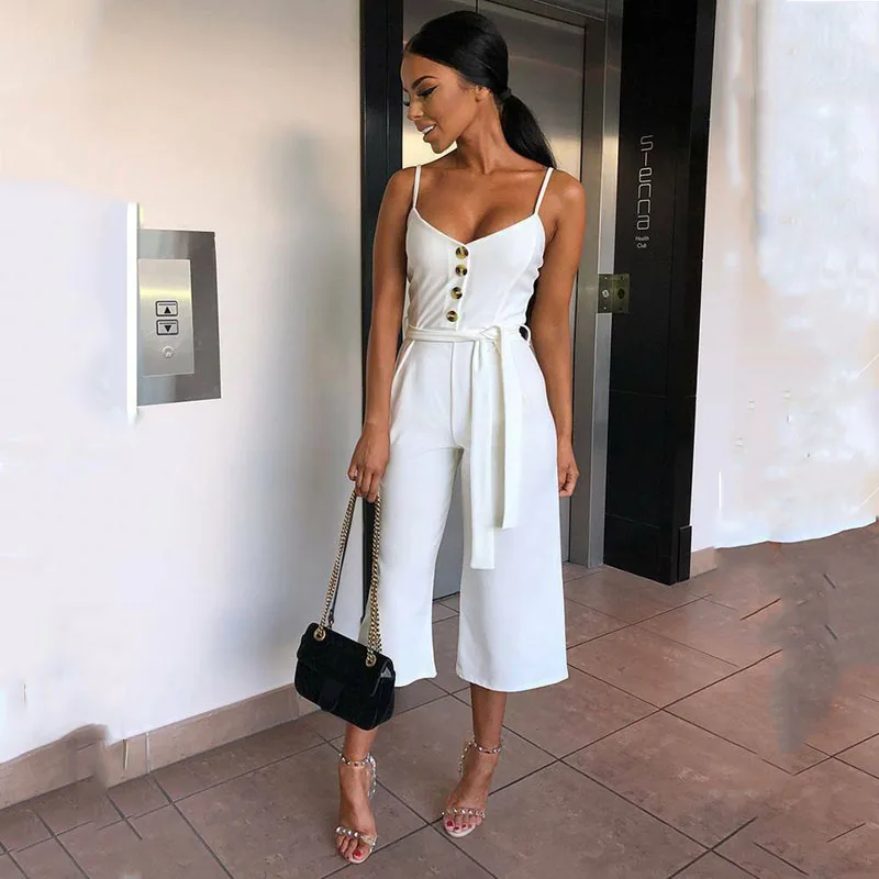 

Womens Straight Jumpsuit New 2019 Female Sleeveless Romper Loose Club Playsuit Wide Leg Trouser Lace Up Belt Jumpsuits Clubwear