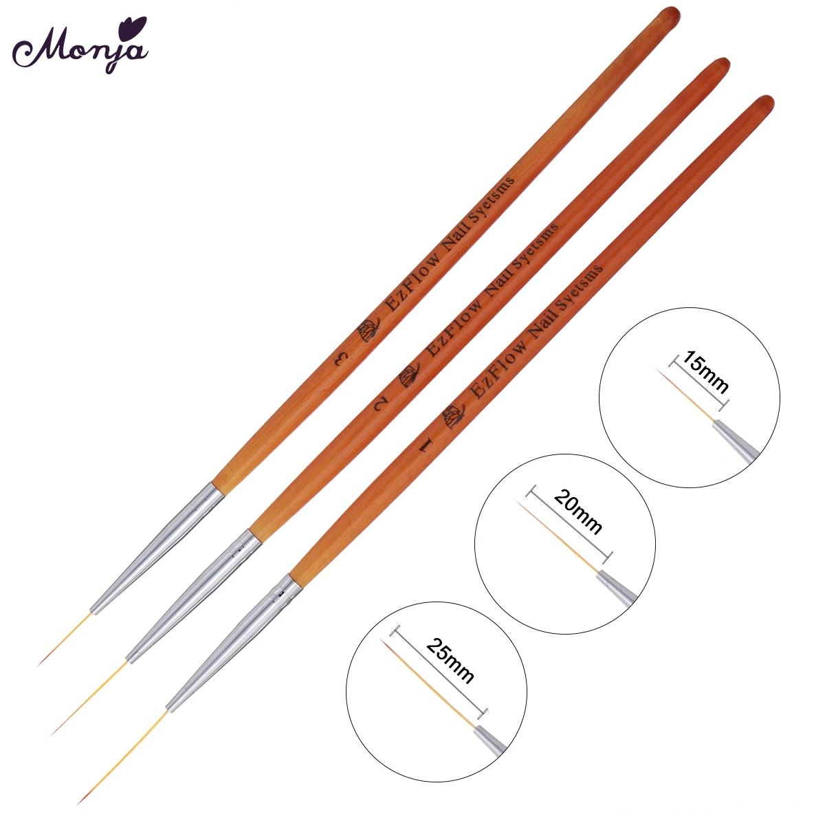 

Monja 15/20/25mm 3pcs/set Nail Art Stripes Lines Liner Brush French Flower Design Painting Drawing Pen Manicure Tools