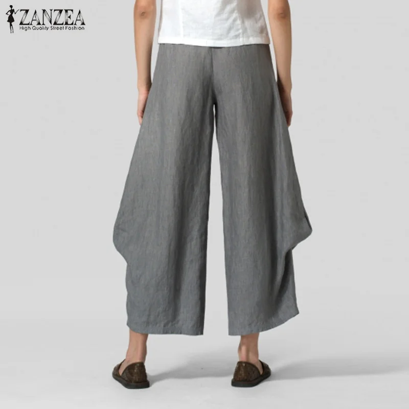 ZANZEA, женские повседневные широкие брюки, весенние, с эластичным поясом, с карманами, одноцветные, с рюшами, брюки для девушек, для работы, панталоны, шаровары размера плюс