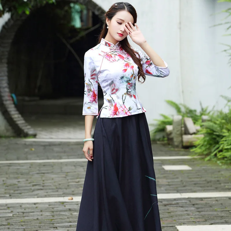 Плюс размер 4XL китайский костюм топы жаккард хлопок печать Короткие Cheongsam Ципао