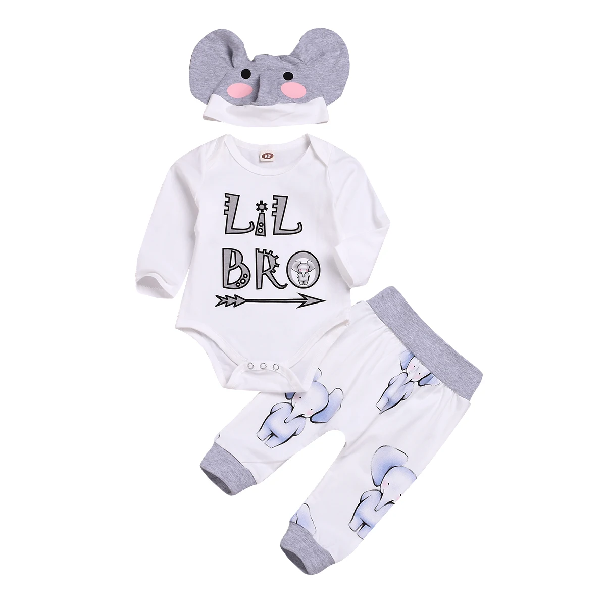 

3pcs Newborn Baby Boy Little Brother Tops Cartoon Romper +Pants Hat Outfits Set Clothes