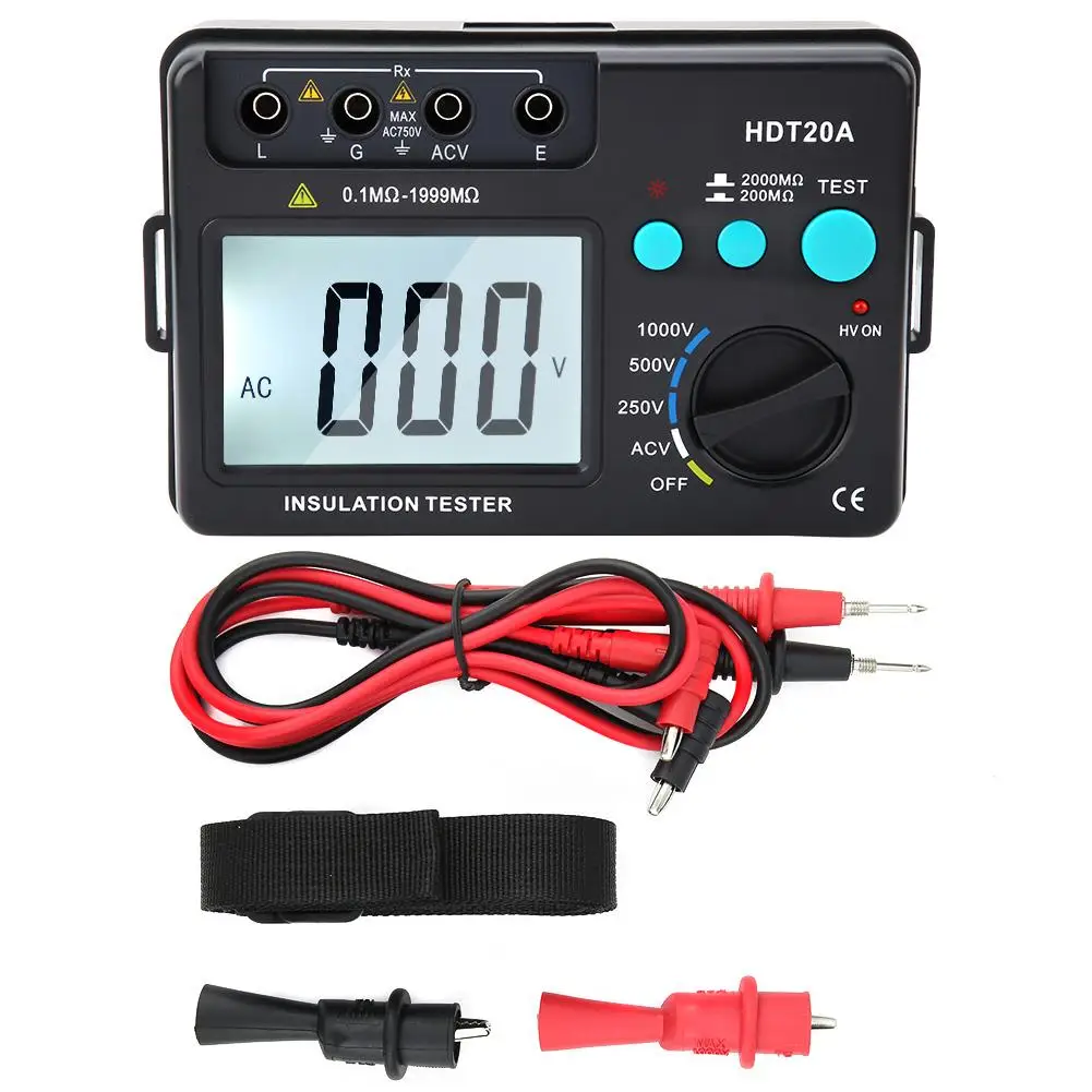 1 Set HDT20A LCD Display Insulation Resistance Tester Meter Voltmeter 1000V 1999 Counts