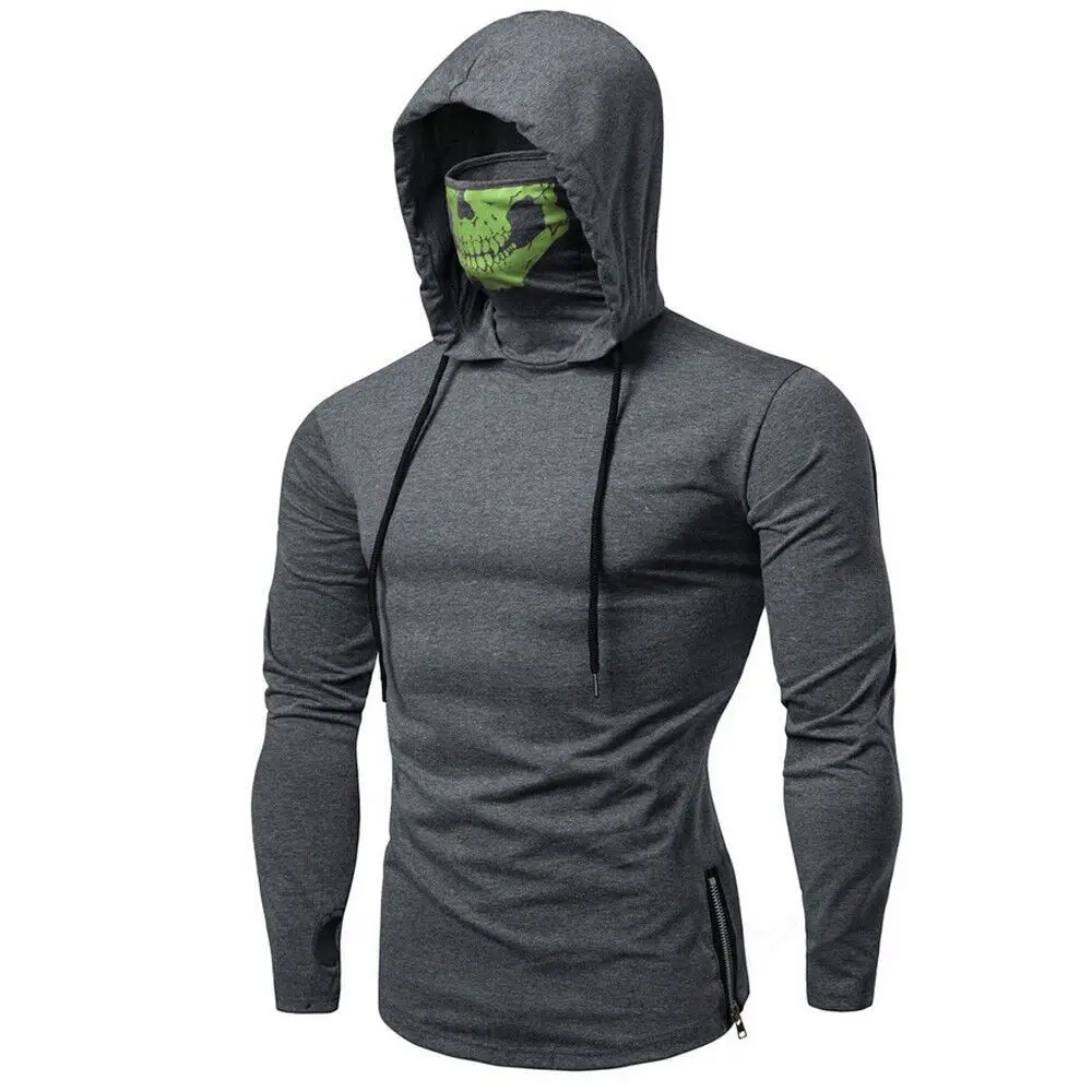 

Men Solid High Collar Hooded Sweatshirt Winter Mask Skull Pure Color Pullover Tops Long Sleeve Hoodies Sweatshirt Tops