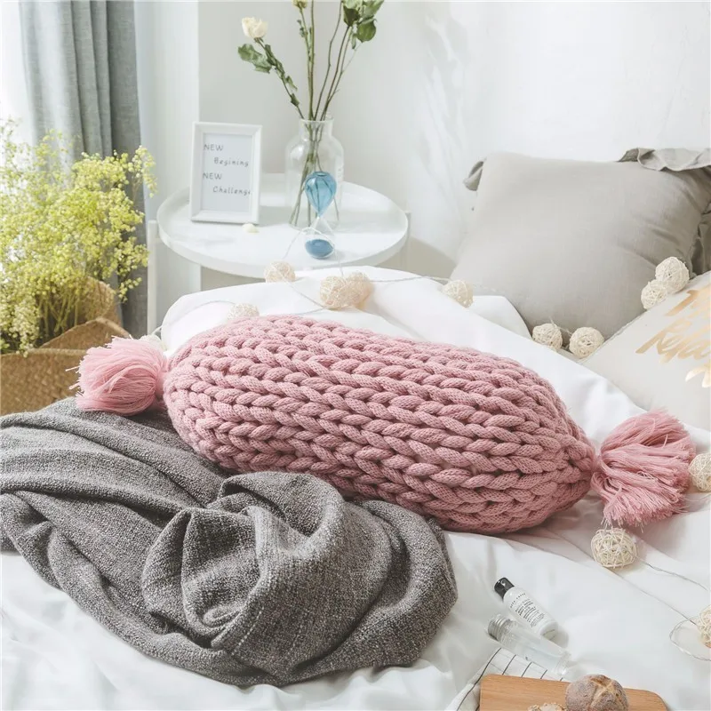 

Nordic Style Pure Hand-woven Thick Line Pillow Sofa Candy Cushion Car Seat Back Pillow Bedroom Creative Home Hot Sale