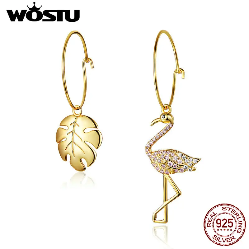 

WOSTU Tropical Style Flamingos & Leaf Dangle Earrings 925 Sterling Silver Women Gold Color Drop Earrings Luxury Jewelry CTE077