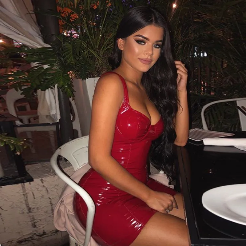 

TolTolQ Sexy Dress Women Spaghetti Strap PU Faux Leather Club Dress Party Slim Mini Dress Red Black Solid Vestido De Festa 2019