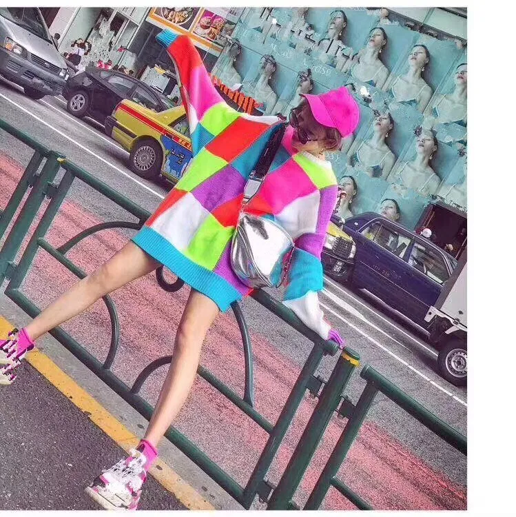2018 корейский стиль Harajuku Радужный клетчатый вязаный свитер женский осенний длинный многоцветный свитер с длинным рукавом Повседневные