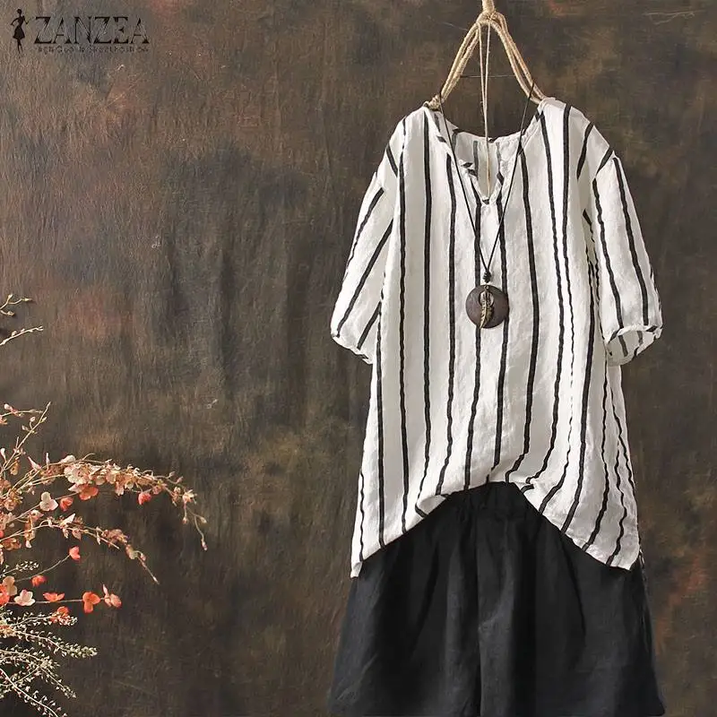 

ZANZEA Women Clothing Ladies Casual Striped Shirt 2019 Summer Short Lantern Sleeve Blusa Feminina Vintage Top Blusas Plus Size