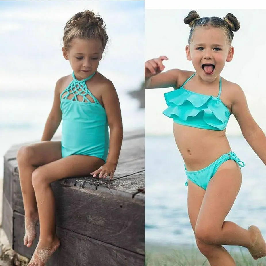 

Summer Toddler Kids Baby Girl Solid Color Strap Swimwear Beachwear Swimsuit Bathing Suit for 2-7Y