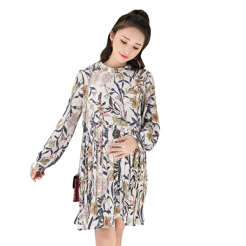 

Pregnant women 2019 spring new loose long sleeve maternity pleated dress plus size pregnant women fashion printing floral dress