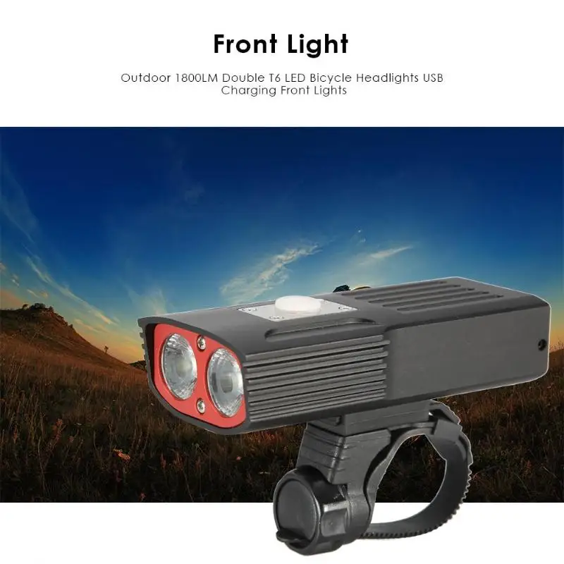 

1800LM Double T6 LED Bicycle Headlights USB Charging 5 Modes Front Lights MTB Bike Torch Lamp with Lamp Holder