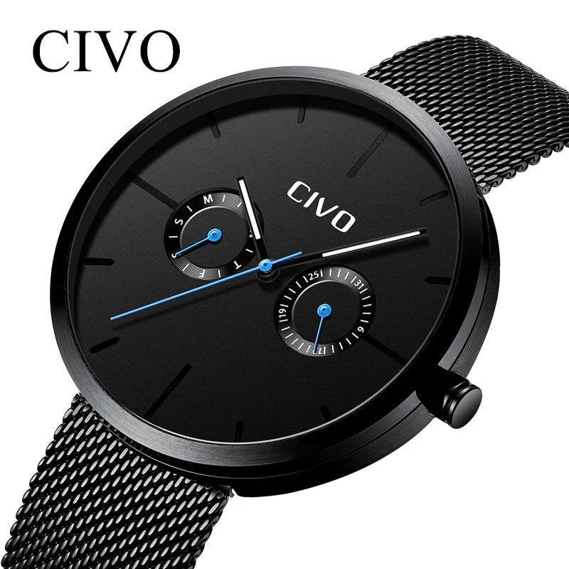 

CIVO Fashion Simple Design Men Watch Waterproof Quartz Watches For Men Blue Point Black Stainless Mesh Sports Wristwatch