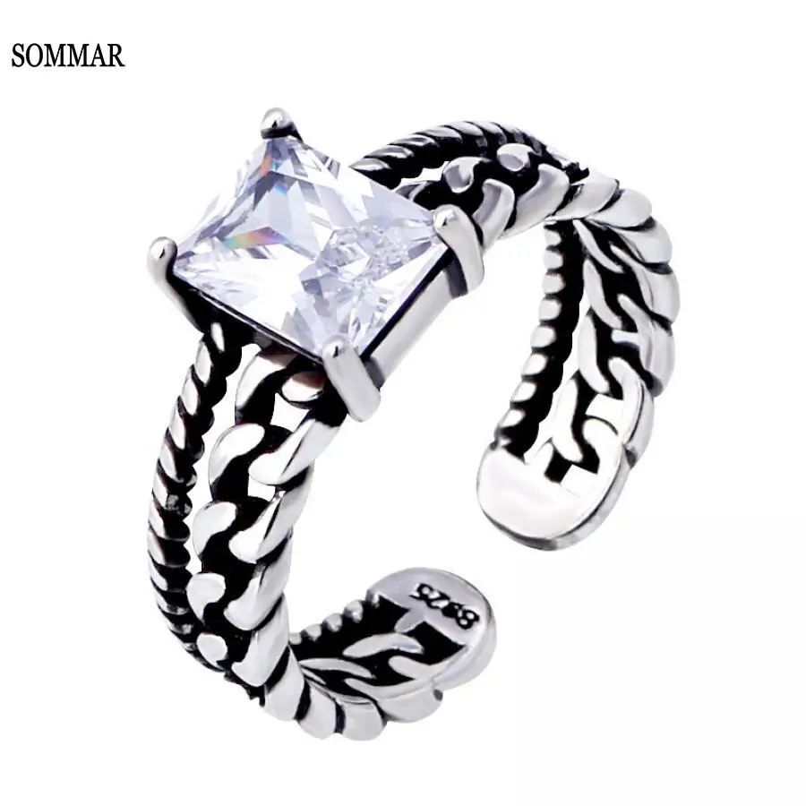 

SOMMAR 925 Sterling Silver Fashion Black white red Silver RingZircon Opening Rings Twisted Chain Models S-R01