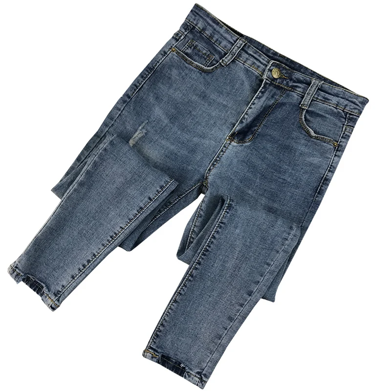

2019 Spring New Fashion Women Ripped Holes Pencil Pants High Waist Slim Elastic Skinny Pants Trousers Fit Lady Jeans Plus Size