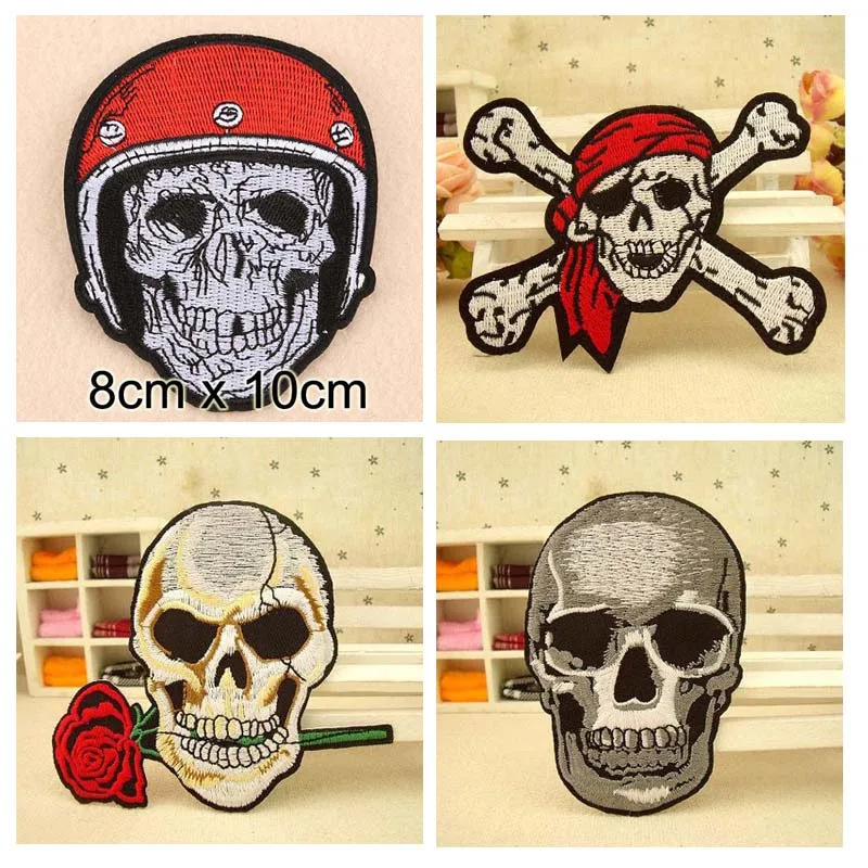 

Red Scarf Pirate Skull Embroidered Iron on Patch, Skull with Helmet Punk Fabric Patch, Biker Vest DIY Clothing Accessories