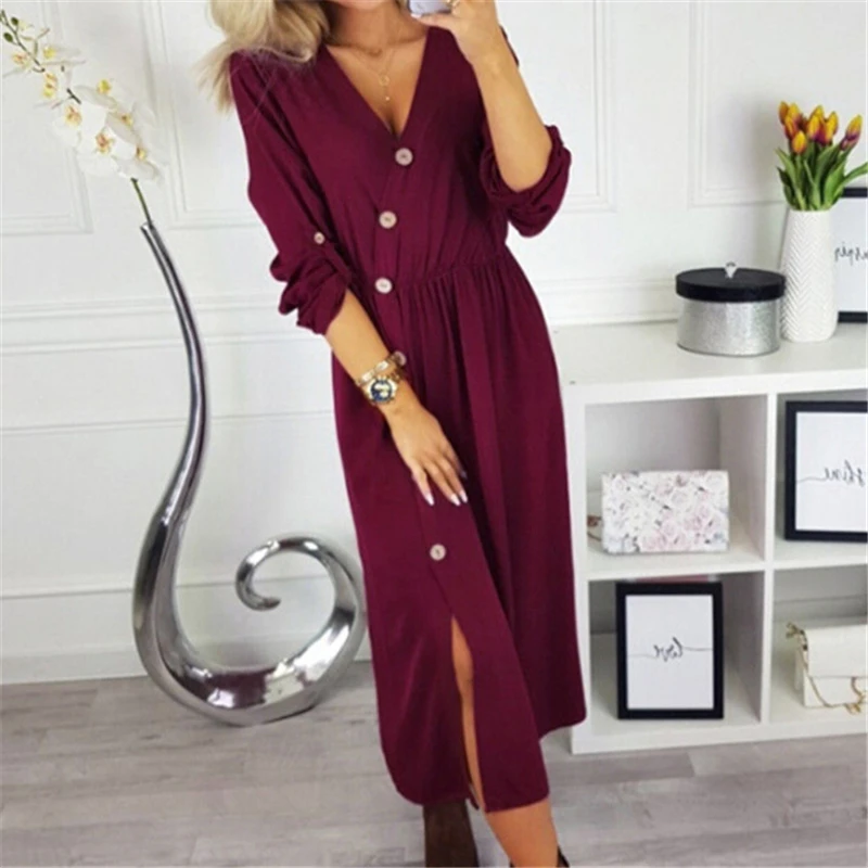 Womens Dresses Midi Winter New Women Long Sleeve V Neck Dress Button Split Ladies Party Dresses Solid Color Women Dress Sundress Womens Dresses Midi Winter New Women Long Sleeve V Neck Dress Button Split Ladies Party Dresses Solid Color Women Dress Sundress
