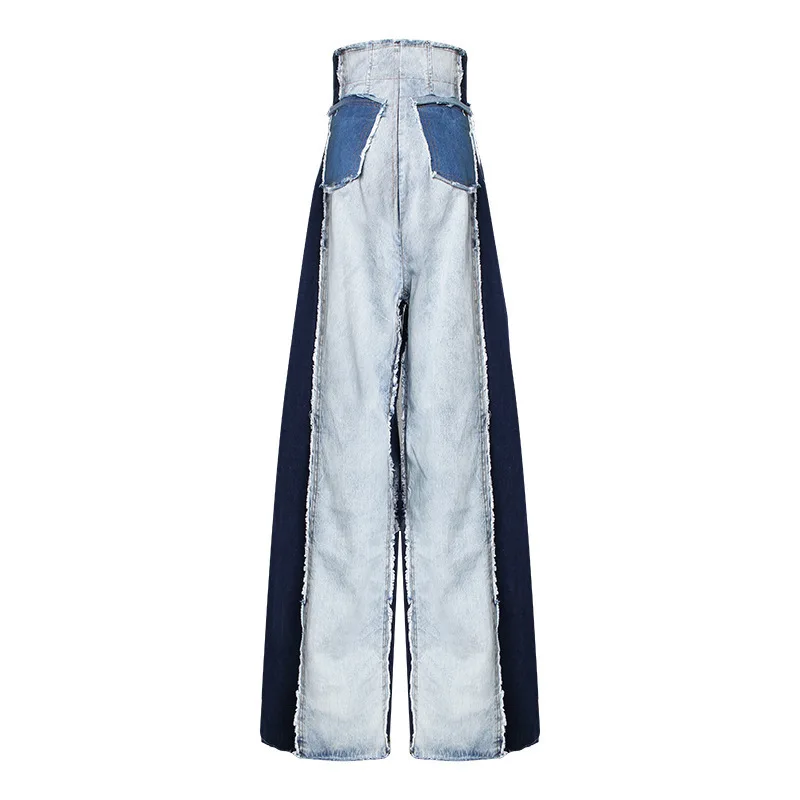 [EAM] 2019 New Spring Summer High Waist Loose Hit Color Denim Pocket Blue Long Wide Leg Jeans Women Trousers Fashion Tide JR841