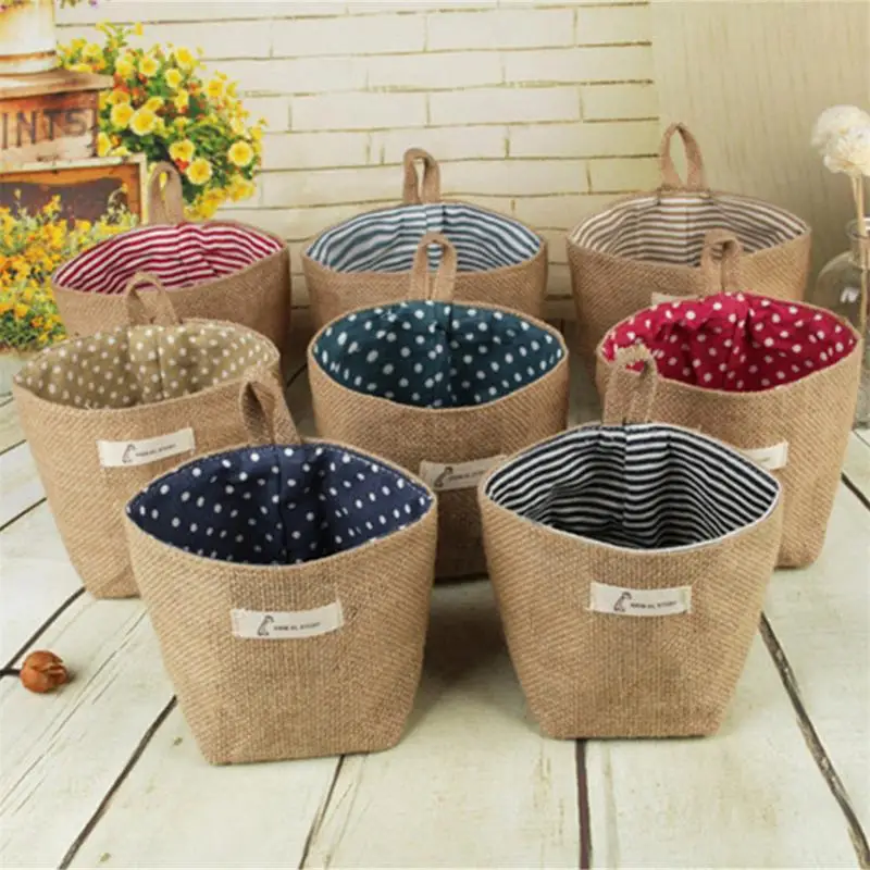  High Quality Linen Desktop Storage Basket Sundries Storage Box With Handle Cosmetic Flowers Potted 
