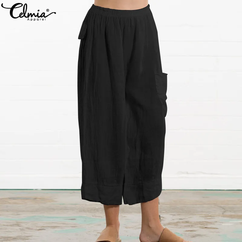 

Celmia Vintage Trousers Women High Elastic Waist Harem Palazzon 2019 Summer Casual Pockets Loose Pleated Wide Leg Pant Plus Size