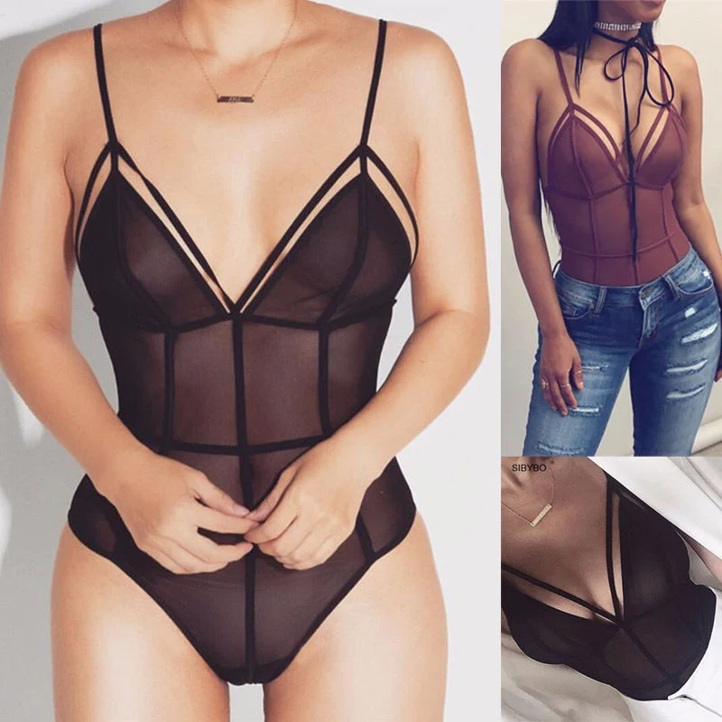 

Women Sexy Lingerie Teddies Black/Red Transparent Sleeveless Stretch Chiffon Bodysuit Ladies BacklessJumpsuit UnderwearSleepwear
