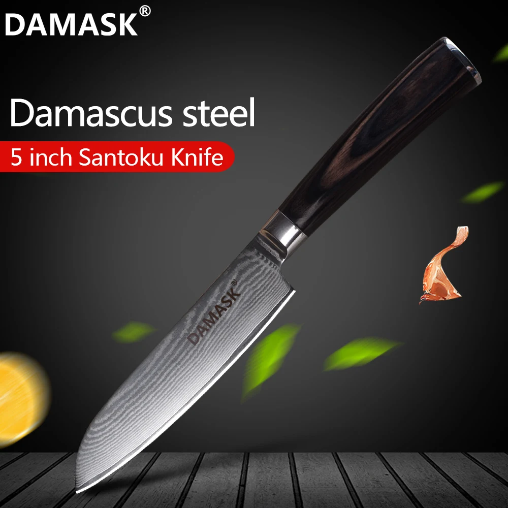 

Damask Damascus Kitchen Knives 5 Inch Santoku Knife Color Wood Handle VG10 Japanese 73 Layer Damascus Steel Knife Kitchen Tools
