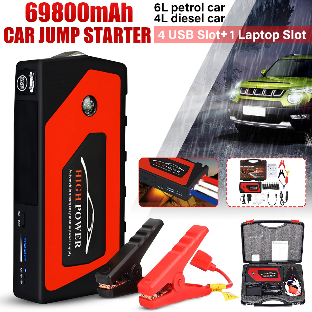 

Car Jump Starter Emergency 69800mAh 12V Starting Device 4USB SOS Light Mobile Power Bank Car Charger For Car Battery Booster LED