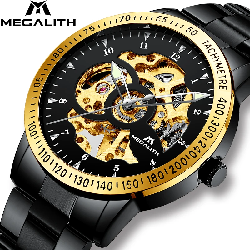 

MEGALITH Automatic Mechanical Mens Watch Luxury Top Brand Hollow Waterproof Stainless Steel Black Gold Case Watches Male Clock