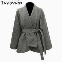 Женская куртка с отворотом, длинный рукав, клетчатое шерстяное Женское пальто, на шнуровке, высокая талия, женские куртки, утепленные женские топы, зима, новинка, E090