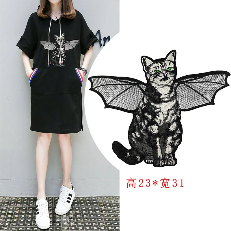 

New Diy Flying Cat Vintage Embroidery Fabric Large Applique Patch African Lace Sew Dress Cloth Decorate Accessory
