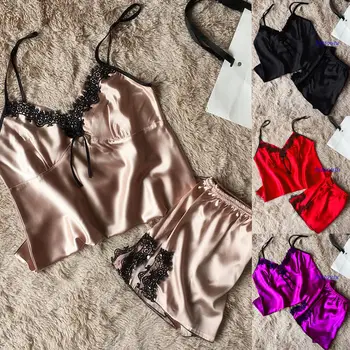 

Summer Women Sexy Sleeveless V-neck Lace Crochet Lingerie Nightwear Robe Bownot Sleepwear Sets